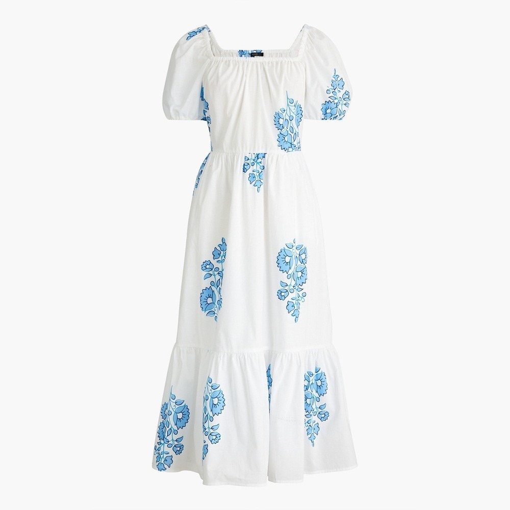 J.Crew Factory Floral Block Print Tiered Midi Dress Puff Sleeve White Blue‎ 10